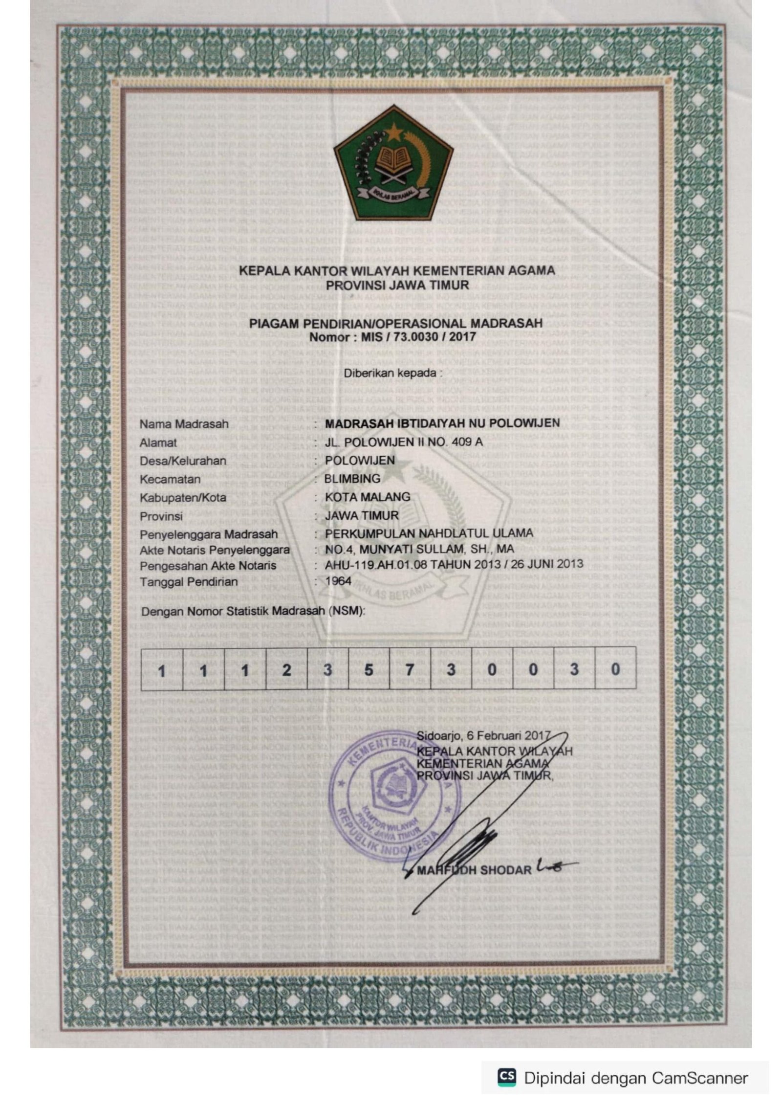 IZIN OPERASIONAL MADRASAH